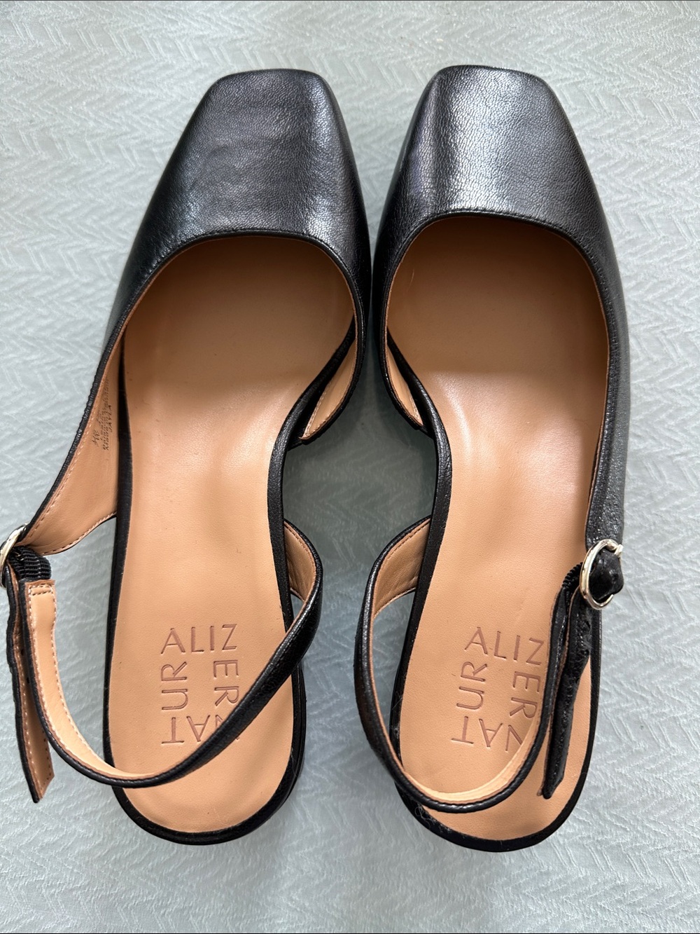 Naturalizer Black Square-Toe Slingback Pump. Black Leather 1 1/2 - 2 “ Heel. - Picture 2 of 5